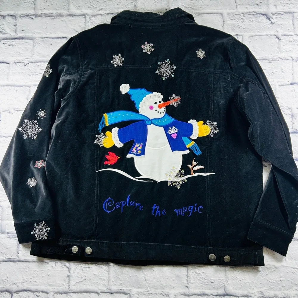 Quacker Factory Black Velvet Snowman Jacket Beaded Snowflake Christmas Large